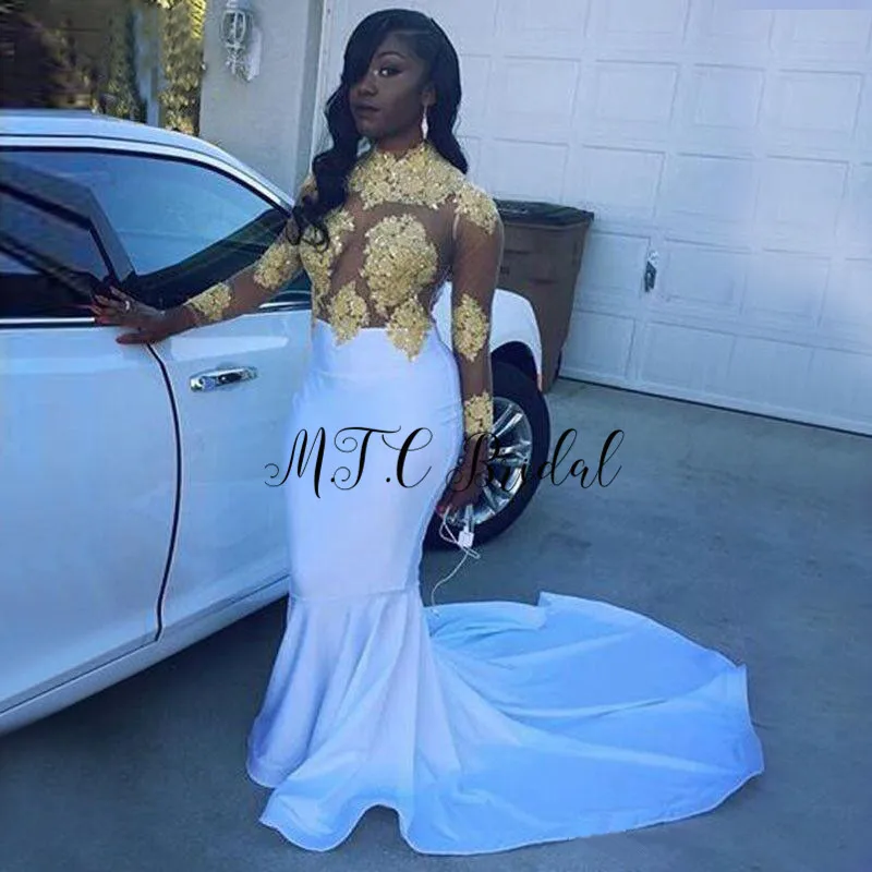 Charming White Mermaid Evening Dress Long Sleeve Gold Lace See Through Sweep Train 2019 Prom Gown Custom Made Wedding Party Gown
Charming White Mermaid Evening Dress Long Sleeve Gold Lace See Through Sweep Train 2019 Prom Gown Custom Made Wedding Party Gown