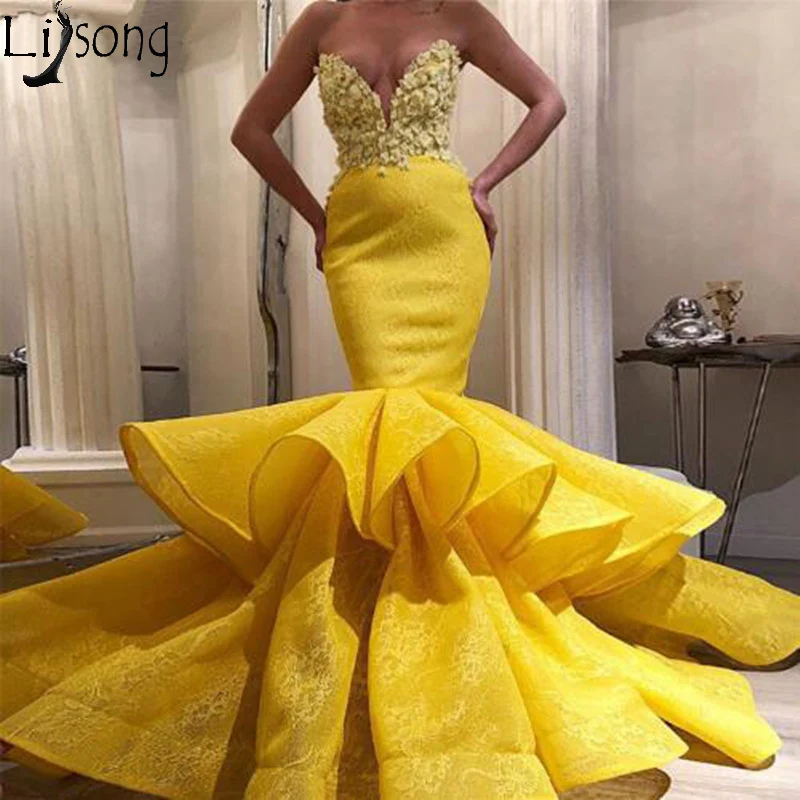 Кружевное Вечернее Платье-русалка ярко-желтого цвета с плиссированным низом на