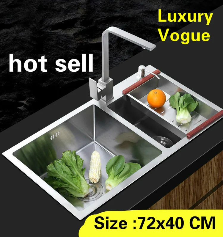 

Free shipping Apartment food grade 304 stainless steel durable luxury kitchen manual sink double groove hot sell 72x40 CM