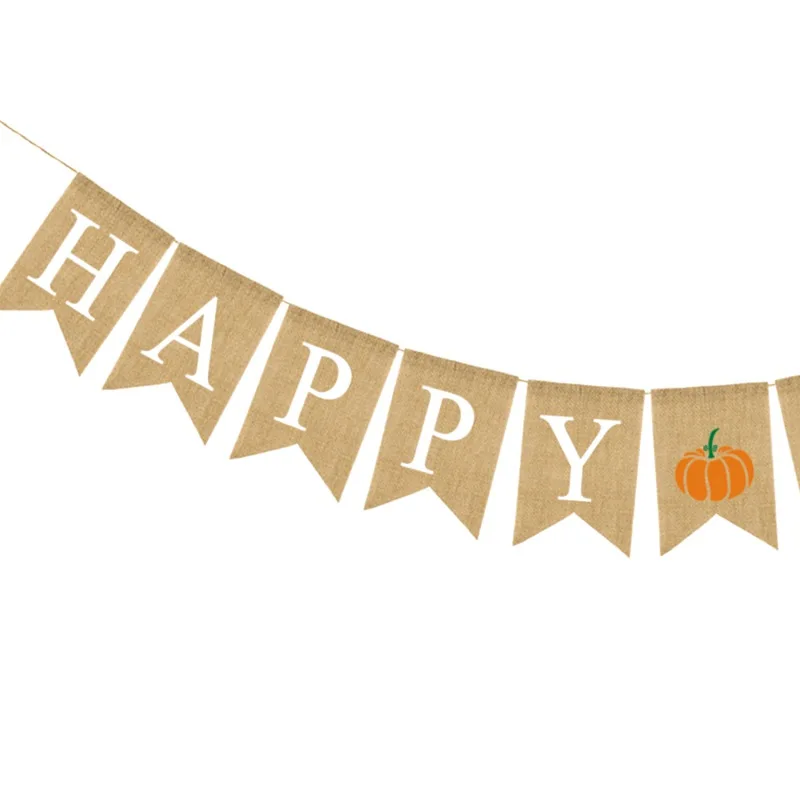 

HAPPY FALL Jute Burlap Banner Maple Leaves Pumpkin Autumn Festival Thanksgiving Day Mantel Fireplace Hanging Decorations