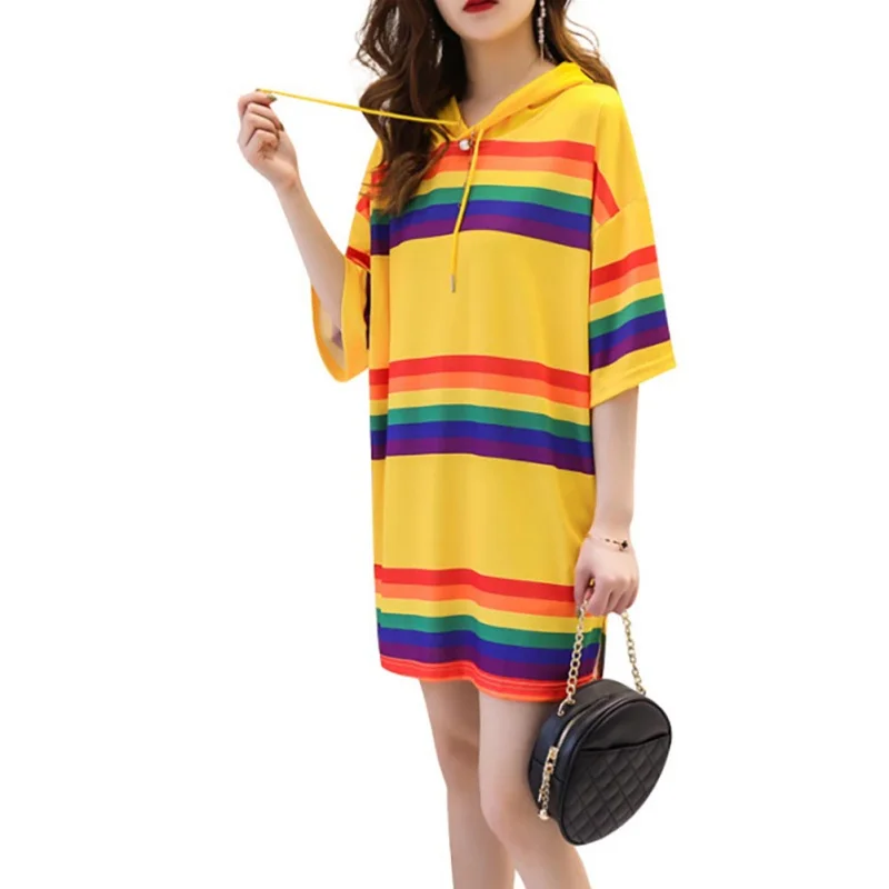 Rainbow Stripe T Shirts Women 2019 Summer Short Sleeve Hooded Drawstring T-shirt Cotton Long Oversized Tee Shirts
Rainbow Stripe T Shirts Women 2019 Summer Short Sleeve Hooded Drawstring T-shirt Cotton Long Oversized Tee Shirts