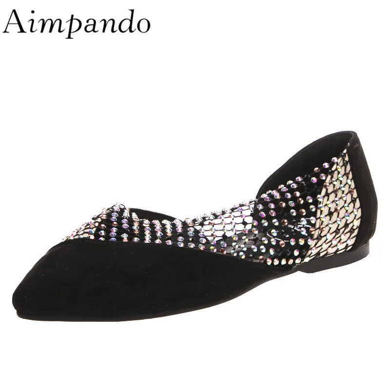 

2019 New Chic Rhinestone Flat Shoes Woman Jewelled Air Mesh Patchwork Pointed Toe Mules Side Cut Outs Spring Women Shoes