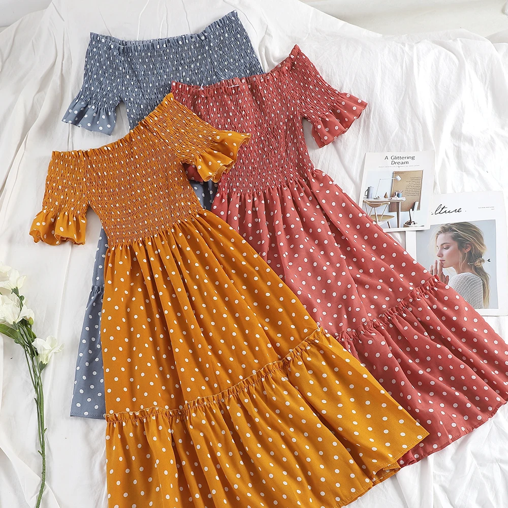 2019 Women Summer Slash Neck Polka Dot Chiffon Dress Casual Flare Sleeve Elastic Slim High Waist Mesh Gauze Voile Pullover Dress
2019 Women Summer Slash Neck Polka Dot Chiffon Dress Casual Flare Sleeve Elastic Slim High Waist Mesh Gauze Voile Pullover Dress