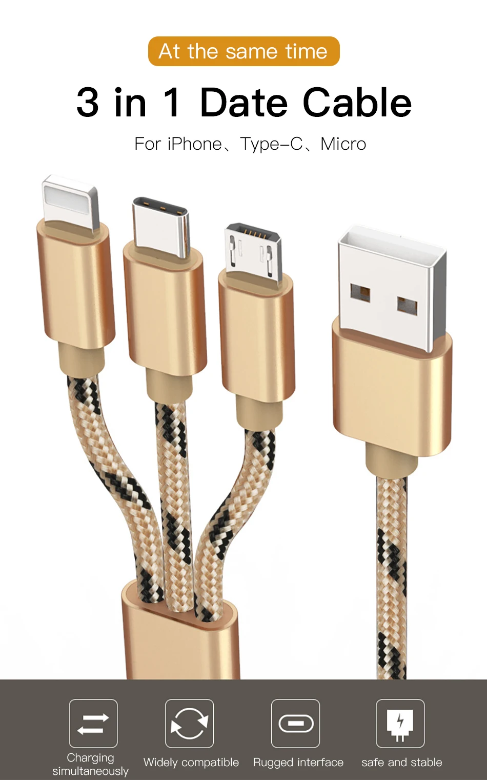 !ACCEZZ 3 in 1 USB Cable 2A Charging Line Micro USB Type C Lighting For iPhone XR XS MAX Charger Phone Cable For Samsung S9 S8 (1)