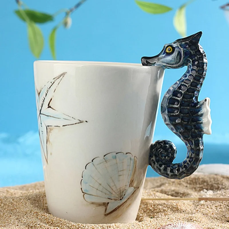 Image Unique 3D Animals Coffee Mug with Handle Lovely Hand painted Hippocampus Dolphin Octopus Penguins Medium Size Water Cup