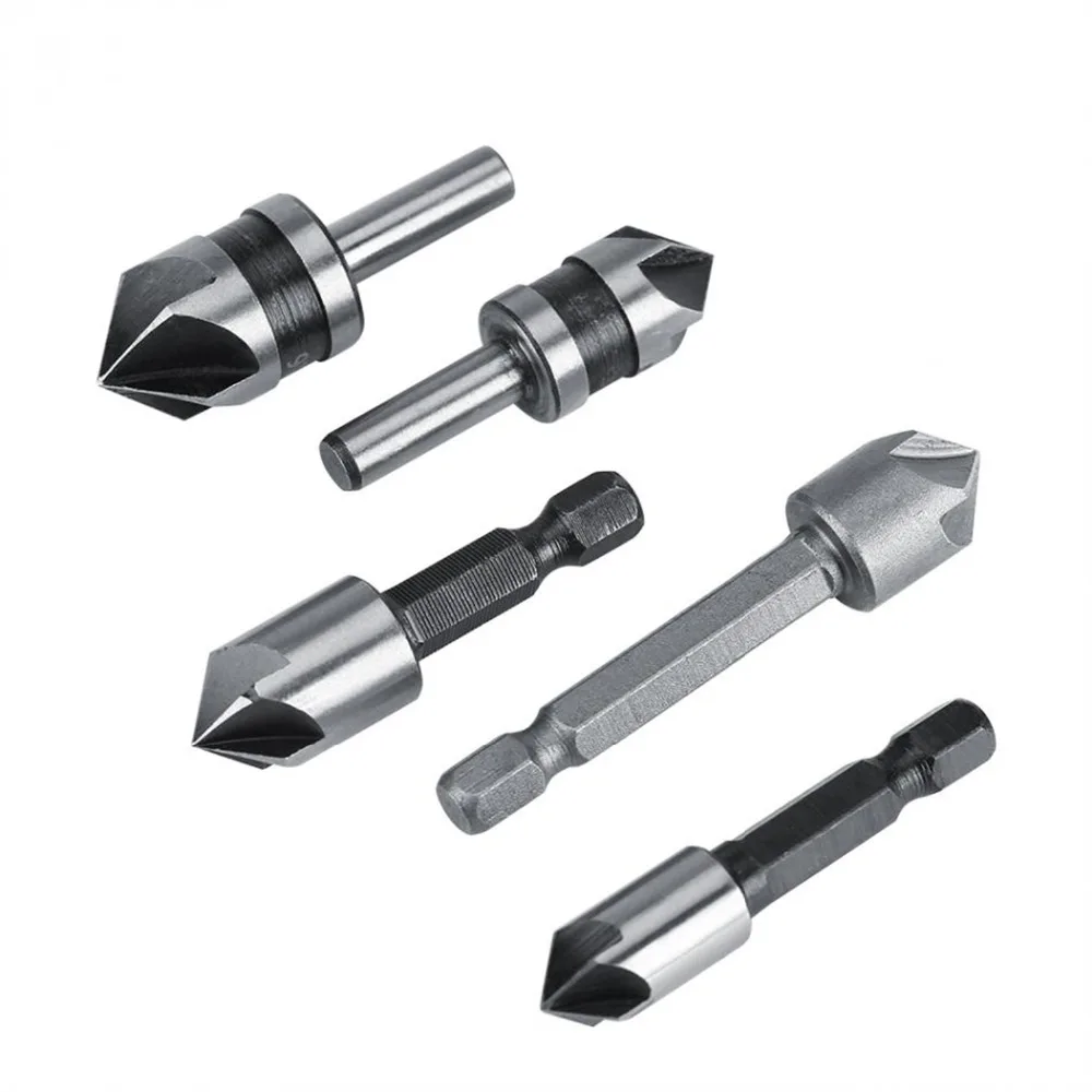 5pc Industrial 5 Flutes 82 Degree Countersink Drill Bit Set Wood Metal Working Chamfer and Deburring Tool (5)