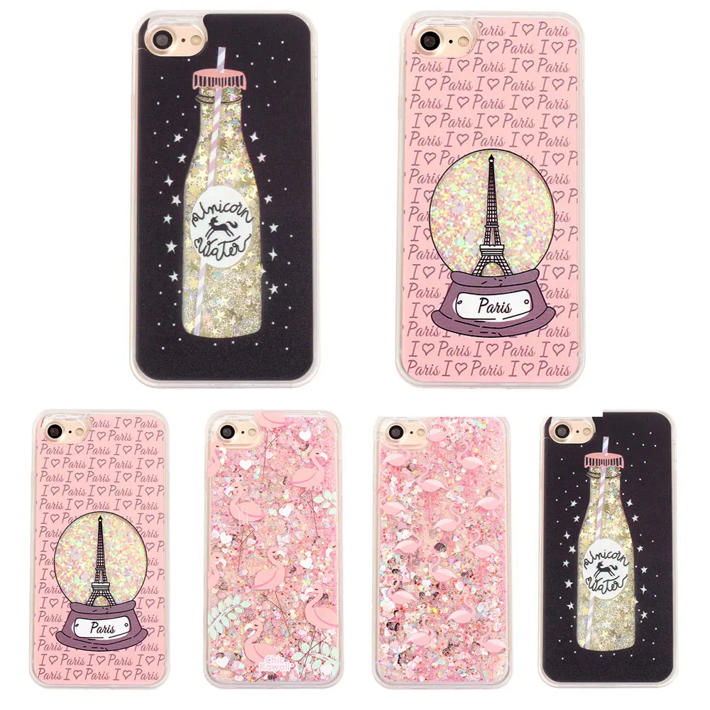 TPU Flowing Liquid Phone Case for iPhone 8 7 7 Plus 6 6S Plus Shell Luxury Sparkle Quicksand Glitter Stars Flamingo Paris Cover