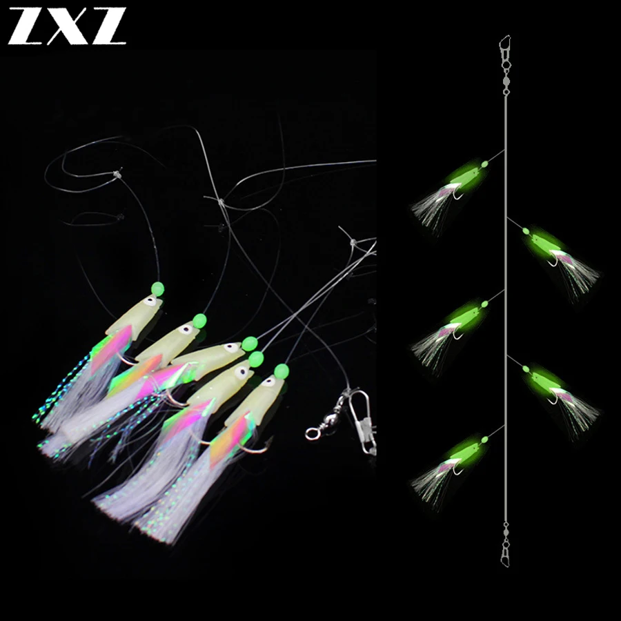 

5Pcs High Carbon Steel Astringency Mackerel Feathers Bass Cod Lure Sea Luminous Fishing String Hook Soft Bait Hooks Wire Tool
