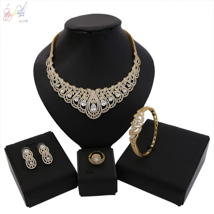 YULAILI Elegant Gold Color Bridal Wedding Jewelry Sets for Women Vivid Cubic Zirconia Necklace Bangle Earrings Ring Accessories
YULAILI Elegant Gold Color Bridal Wedding Jewelry Sets for Women Vivid Cubic Zirconia Necklace Bangle Earrings Ring Accessories