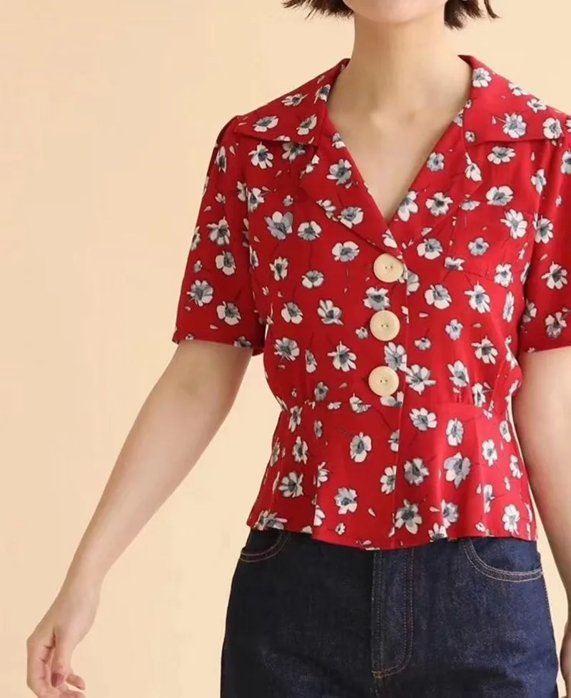 Women Red Short Shirt Longevity Flower Print V Neck Big Buttons Short Sleeve Sweet Top
Women Red Short Shirt Longevity Flower Print V Neck Big Buttons Short Sleeve Sweet Top