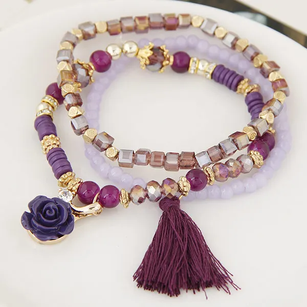 

LEMOER Fashion Multilayer Crystal Beads Rose Flower Tassel Bracelets & Bangles for Women Gift Pulseira Feminina Charm Bracelet
