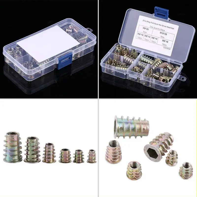 50 Pcs M4/M5/M6/M8/M10 Zinc Alloy Hex Socket Screw Inserts Threaded Insert Nuts Assortment Tool Kit with Plastic Box
50 Pcs M4/M5/M6/M8/M10 Zinc Alloy Hex Socket Screw Inserts Threaded Insert Nuts Assortment Tool Kit with Plastic Box
