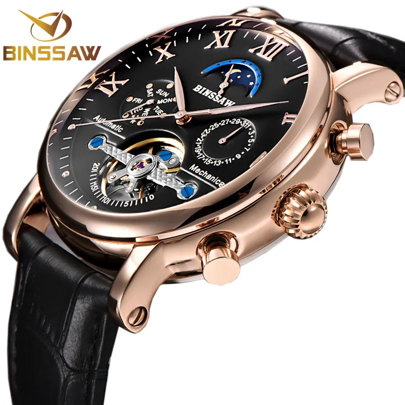 

BINSSAW Manner Automatische Mechanische Tourbillon Uhr Mode Lassig Leder Kalender Mond Phase Sport Uhren Relogio Masculino