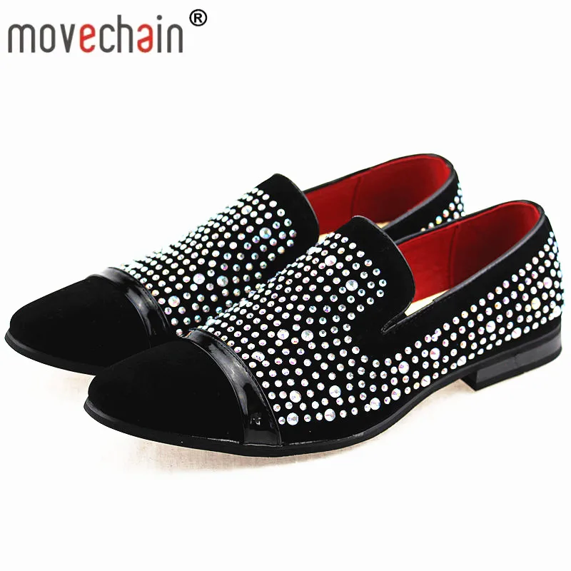 

movechain Men's Fashion Suede Leather Loafers Mens Rivets Embroidery Rhinestone Party Flats Man Moccasins Oxfords Casual Shoes