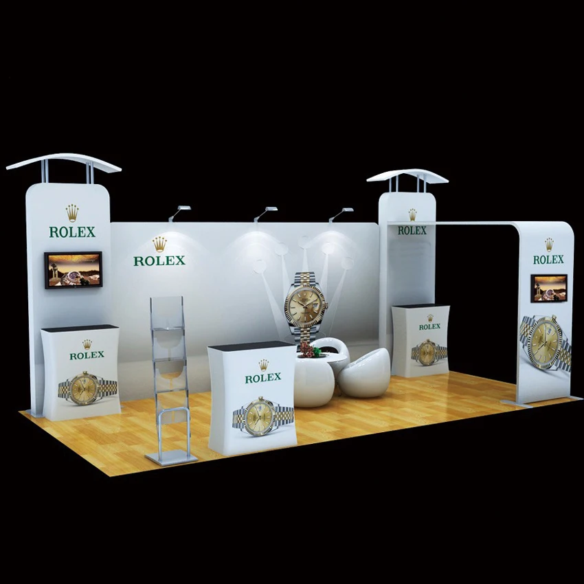 20ft Portable Fabric Trade Show Display Pop Up Stand Booth Expro Backdrop Wall with TV Mounts Counter Lights |