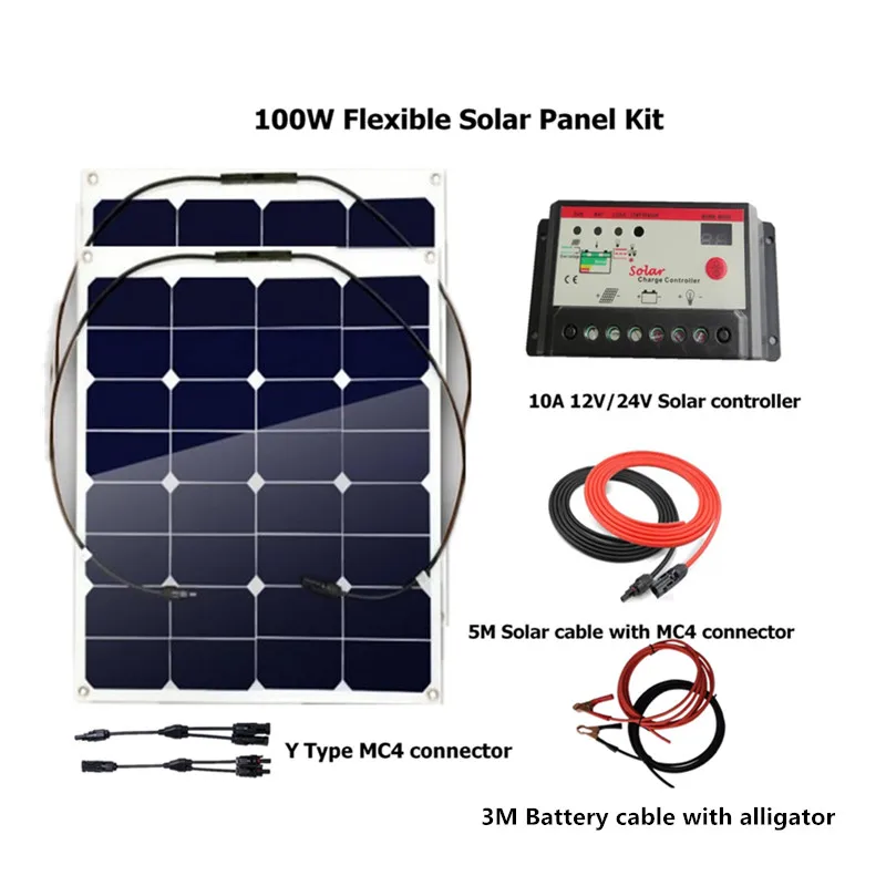 100W(2pcs 50w) solar panel Solar System flexible solar panel kit with 10A LED solar controller, 5M MC4 cable, 3M alligator cable
100W(2pcs 50w) solar panel Solar System flexible solar panel kit with 10A LED solar controller, 5M MC4 cable, 3M alligator cable