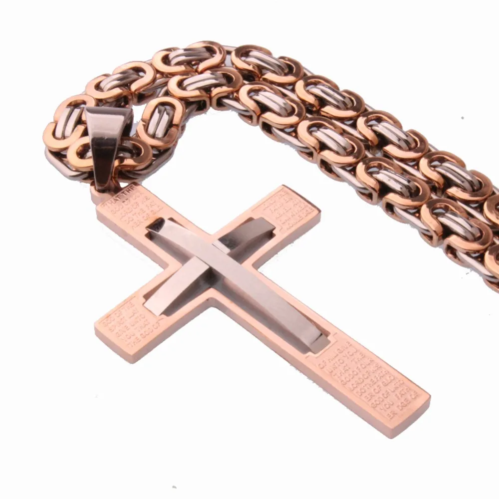 New Fashion Jewelry Rose Gold Cross Pendant Necklace Male Gift Trendy Stainless Steel 6mm Thick Link Byzantine Chain | Украшения и