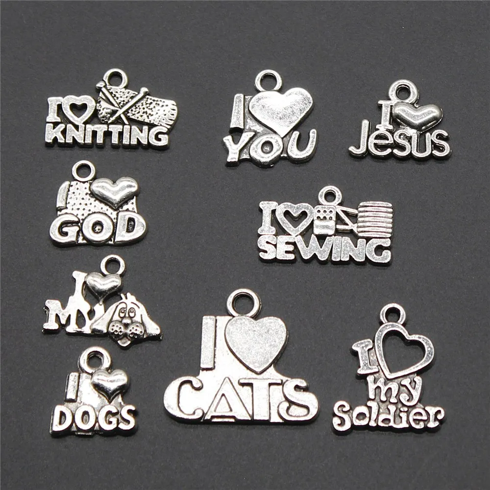10pcs Charms I Love You Cats Dogs Sewing Jesus Knitting God Charms Jewelry Accessories Antique Silver Color
10pcs Charms I Love You Cats Dogs Sewing Jesus Knitting God Charms Jewelry Accessories Antique Silver Color