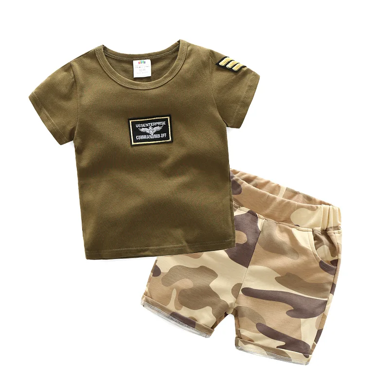 

2018 Summer Child Clothing Short-Sleeve Shorts Twinset Baby Boy Army Green Camouflage Set 90 100 110 120 130 140Cm 2T-10 Years