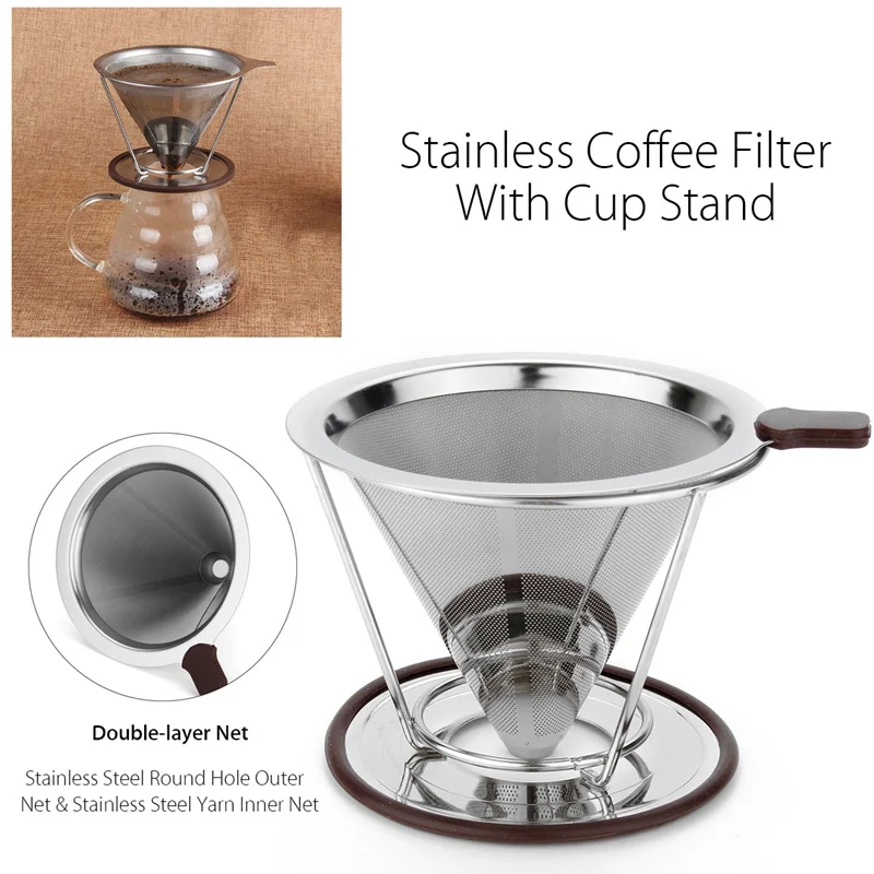 Image Coffee Maker Stainless Steel Coffee Filter Reusable and Single Cup Pour Over Cone Dripper Reusable Coffee Filter Cup Stand