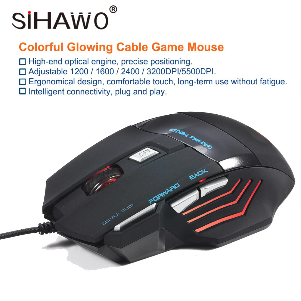 Wired Mouse Optical Mouse Colorful Glowing Gaming Mouse 5500DPI Four-Way Wheel 7 Button Smart Connection For Professional Player
Wired Mouse Optical Mouse Colorful Glowing Gaming Mouse 5500DPI Four-Way Wheel 7 Button Smart Connection For Professional Player