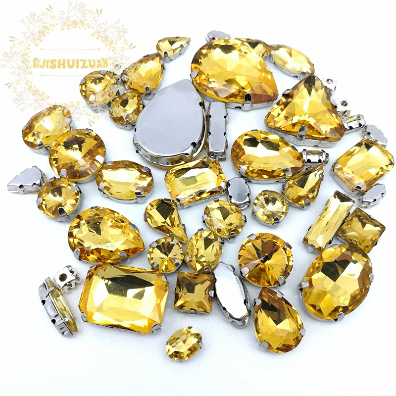 

52pcs 23sizes 10shapes MIX Golden yellow shape Crystal Glass Sew-on Rhinestones silvery Bottom DIY Women's Dresses sijishuizuan