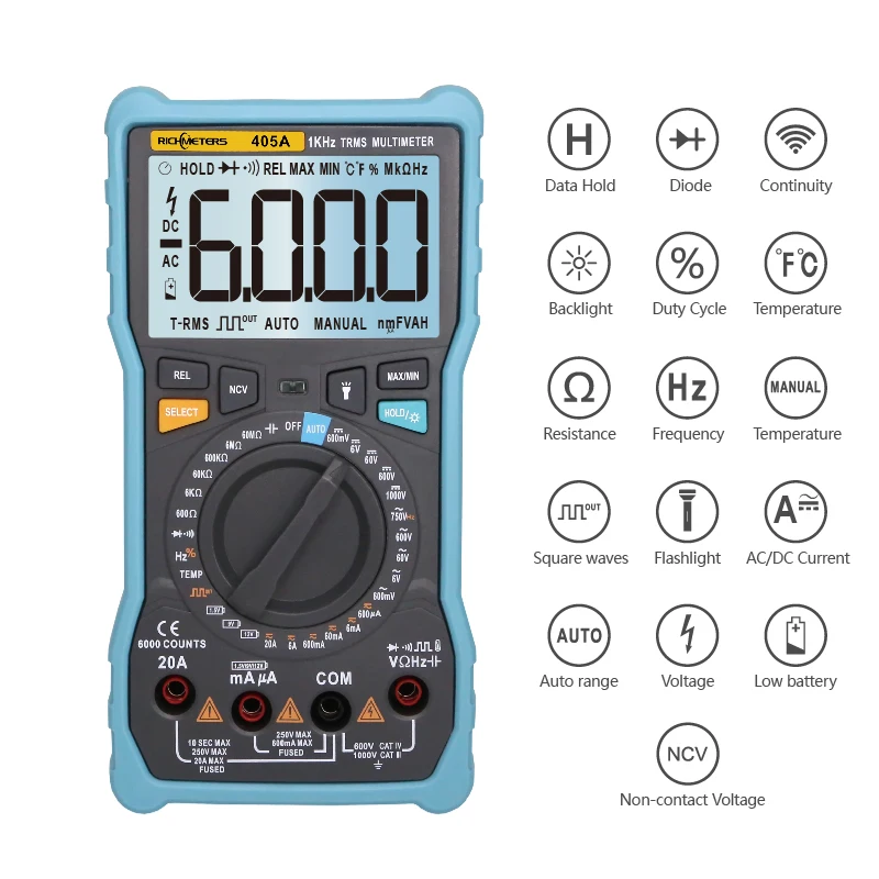 405A True-RMS 20A Digital Multimeter 6000 Counts AC/DC Voltage Current Ohm Temperature Auto/Manual Square Wave
405A True-RMS 20A Digital Multimeter 6000 Counts AC/DC Voltage Current Ohm Temperature Auto/Manual Square Wave