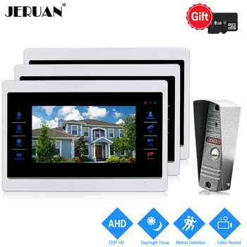 

JERUAN 720P AHD HD Motion Detection 10`` Video Door Phone Unlock Intercom System 3 Record Monitor +1.0MP HD IR Mini Camera 1V3