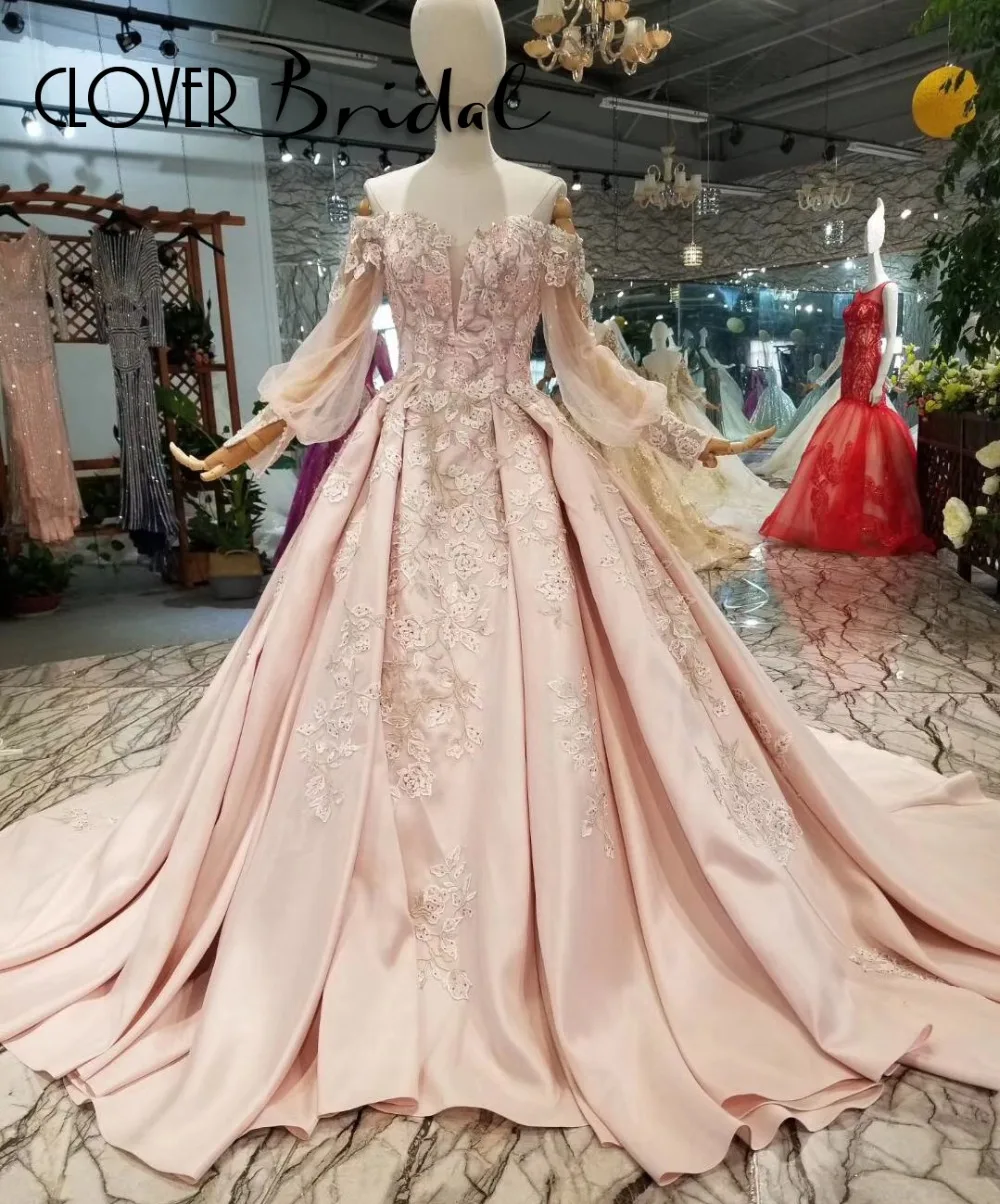 CloverBridal satin a-line applique long lantern sleeve off the shoulder dress 2019 baby pink small train royal court style
CloverBridal satin a-line applique long lantern sleeve off the shoulder dress 2019 baby pink small train royal court style