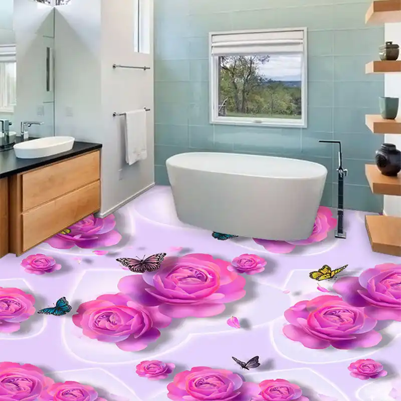 カスタム 3d 床タイル壁紙ロマンチックなピンクのバラの花蝶ファッション壁画ステッカー寝室浴室 Pvc 床壁紙 床壁紙 ファッション壁紙 Pvcフローリング壁紙 Gooum