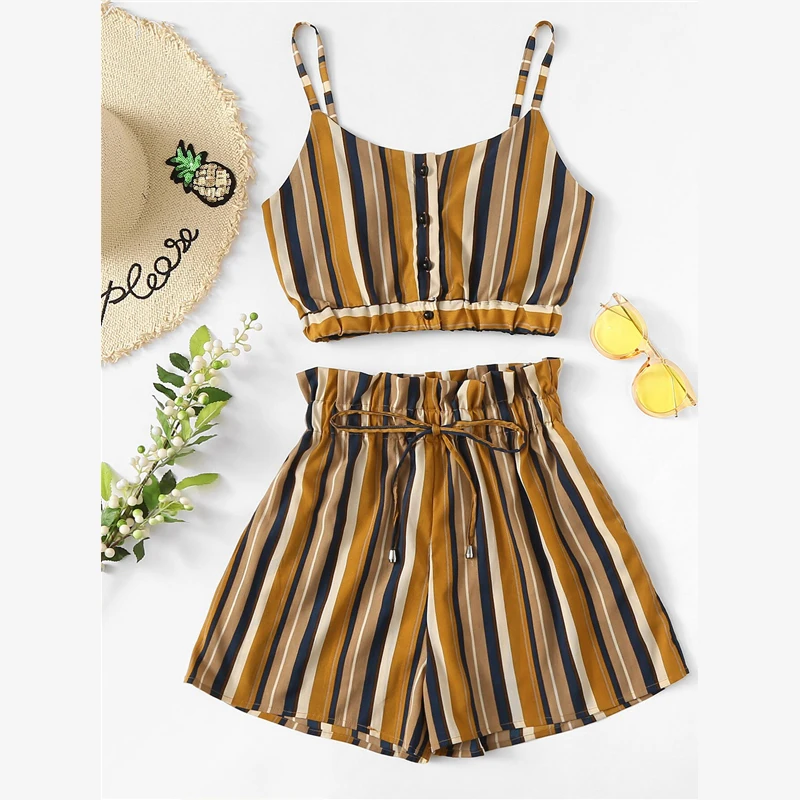ROMWE Single Breasted Button Striped Camisole With Drawstring Waist Shorts Women 2019 Summer Boho Sleeveless Two-Pieces Set
ROMWE Single Breasted Button Striped Camisole With Drawstring Waist Shorts Women 2019 Summer Boho Sleeveless Two-Pieces Set