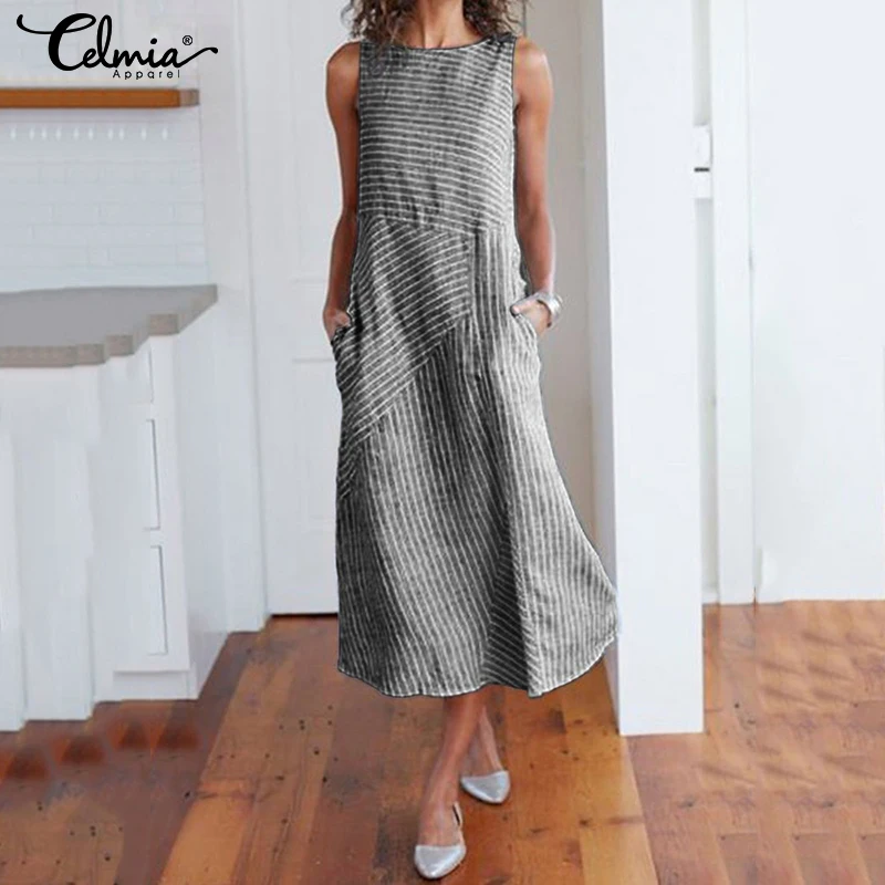 2019 Celmia Summer Dress Women Retro Striped Midi Dress Casual Loose Pockets Sleeveless Party Beach Robe Femme Plus Size Vestido
2019 Celmia Summer Dress Women Retro Striped Midi Dress Casual Loose Pockets Sleeveless Party Beach Robe Femme Plus Size Vestido