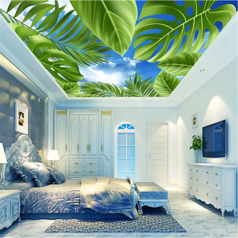 

beibehang Custom 3D wallpaper Modern Blue sky white clouds plant Banana leaf Hotel living room ceiling zenith mural 3D wallpaper