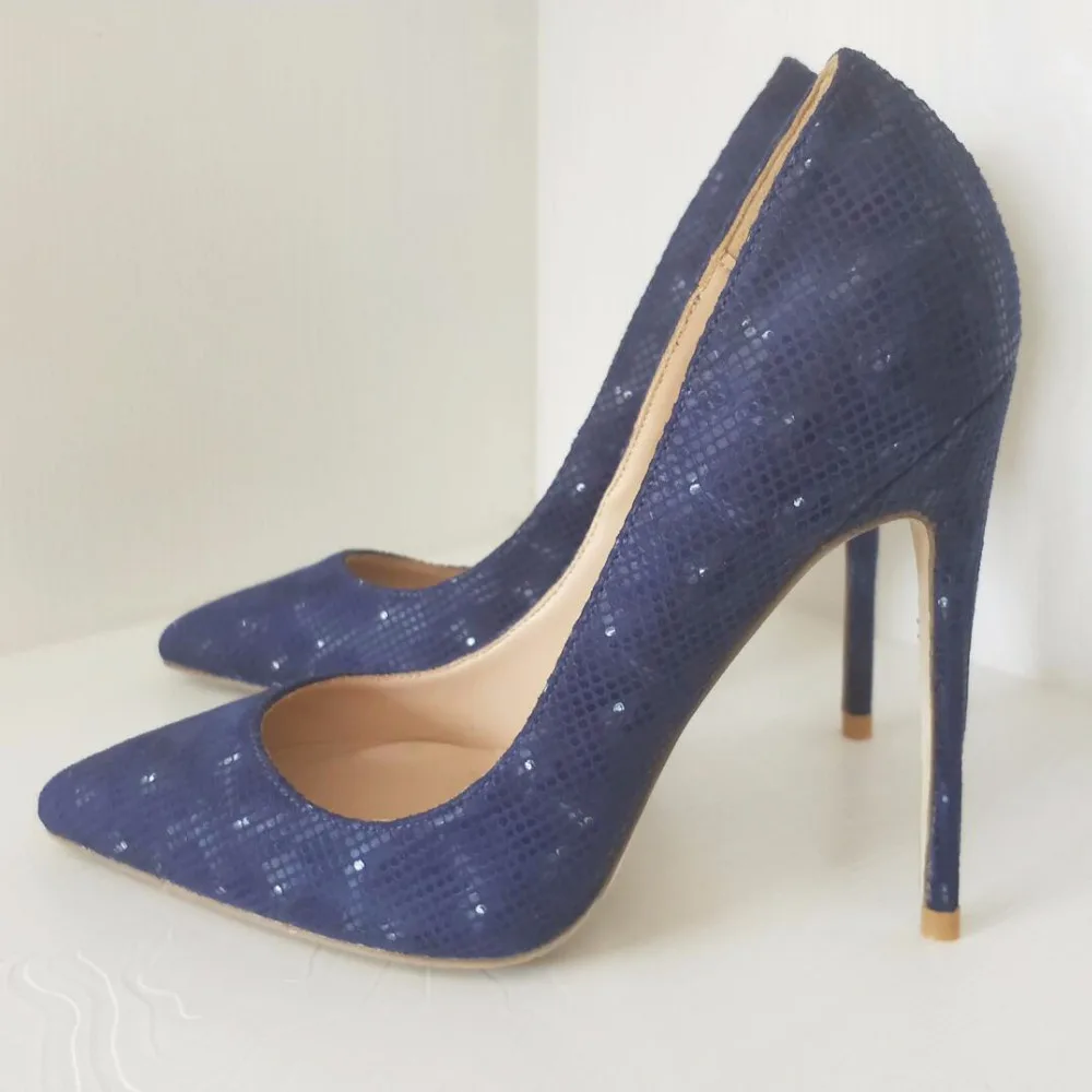 Blue high-heeled Patent Exclusive Brand Sequins Pointed Fine With Shallow High Heels Ladies High Heels 10 Cm 12 Cm