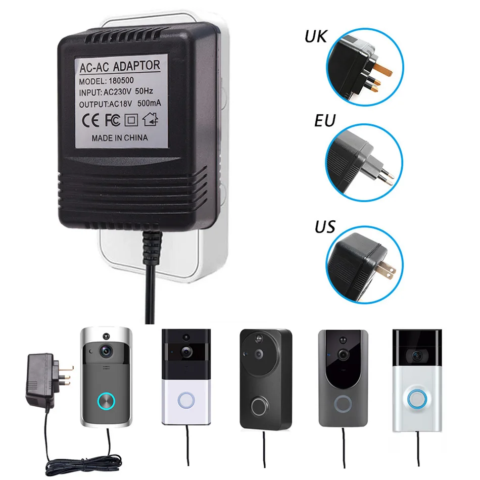 TUYU US UK EU Plug 18V AC Transformer Charger for Wifi Wireless Doorbell Camera Power Adapter IP Video Intercom Ring 110V-240V 
TUYU US UK EU Plug 18V AC Transformer Charger for Wifi Wireless Doorbell Camera Power Adapter IP Video Intercom Ring 110V-240V