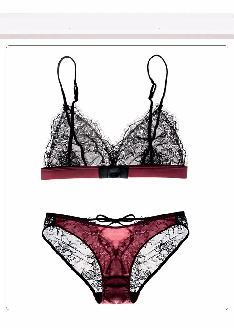 Munllure Ultra-thin sexy lace bra set eyelash lace transparent thin wireless triangle bra and pantiles set women underwear set 18