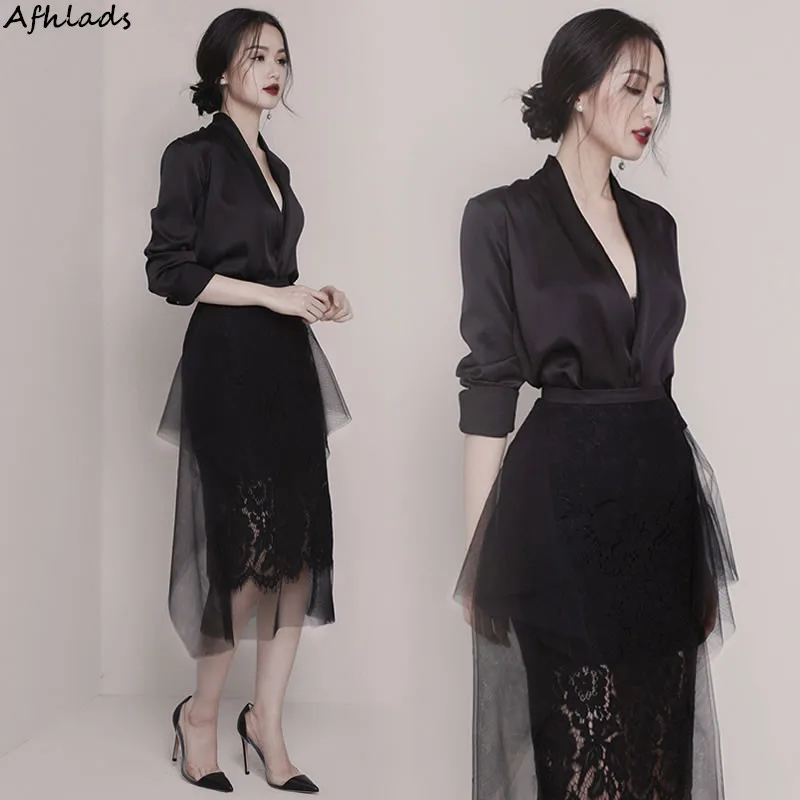 2019 Spring And Summer New Professional Long-Sleeved Two-Piece Mesh Knee-Length High Waist Black Skirt Two-Piece Set Female
2019 Spring And Summer New Professional Long-Sleeved Two-Piece Mesh Knee-Length High Waist Black Skirt Two-Piece Set Female