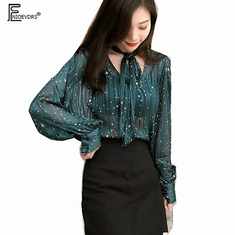 2019 Spring Summer Shirt Blouses Women Design Sexy Bow Tie Tops Glitter Star Print See Through Perspective Top Chiffon Blouse
2019 Spring Summer Shirt Blouses Women Design Sexy Bow Tie Tops Glitter Star Print See Through Perspective Top Chiffon Blouse
