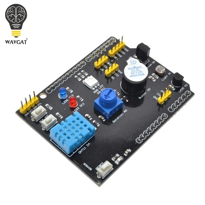 WAVGAT Multifunction Expansion Board DHT11 LM35 Temperature Humidity For Arduino UNO RGB LED IR Receiver Buzzer sensor
WAVGAT Multifunction Expansion Board DHT11 LM35 Temperature Humidity For Arduino UNO RGB LED IR Receiver Buzzer sensor