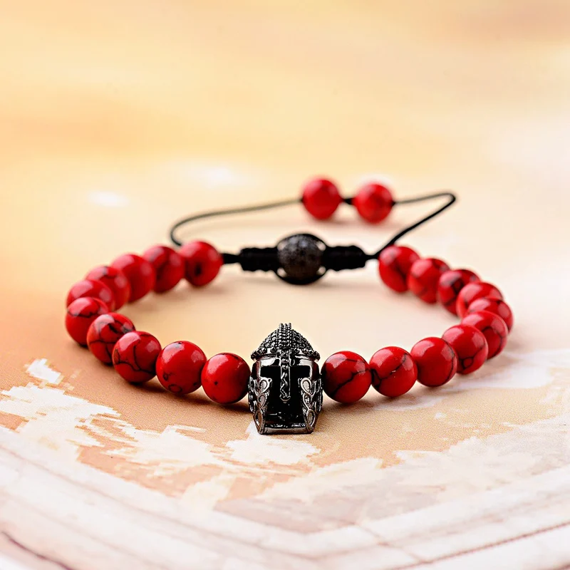 Фото OIQUEI Black Cubic Zirconia Helmet&ampBalls Charms Bracelet Men Red Natural Stone Braided Macrame Jewelry pulsera hombre | Украшения и