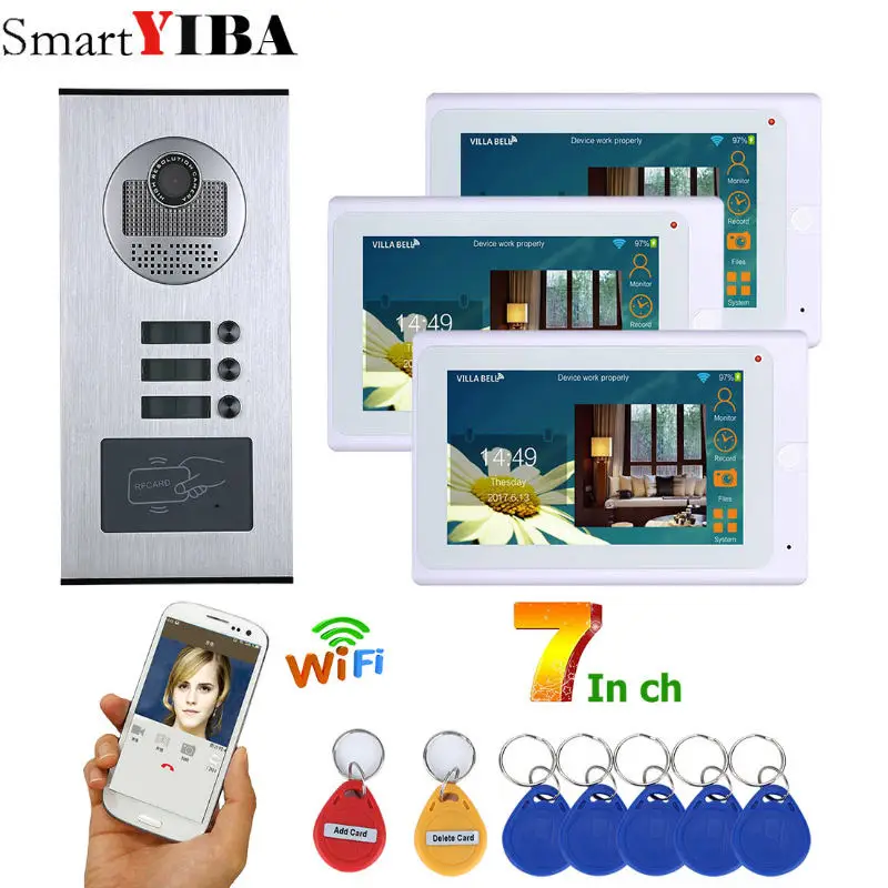 

SmartYIBA 3 Monitors 7Inch LCD Wifi RFID Unlock Visual Video Door phone Intercom Speakerphone Video Doorbell Remote Control