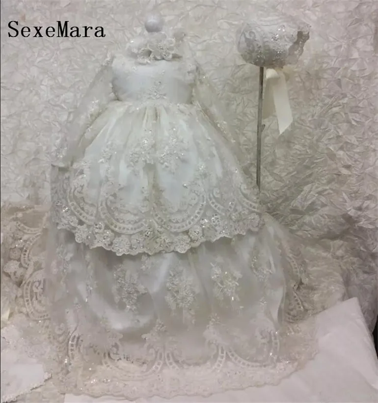 

Sequined Tulle Lace Appliqued Kids Birthday Gown Long Christening Dresses For Baby Girl With Long Sleeves Baptism Gown Bonnet
