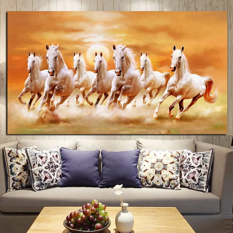 Big Size Hd Print Artistic Animals Seven Running White Horse Oil