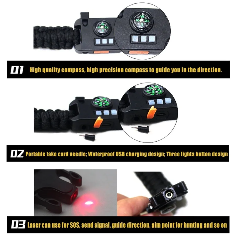 7 in 1 Outdoor Creative Multifunction Survival LaserFlashlightSOS Light Bracelet Hand-woven Infrared Bracelet (6)