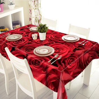 

Senisaihon 3D Tablecloths Red Roses Pattern Waterproof/oil-proof Thicken Polyester Rectangular Wedding Table cloth Home Textiles