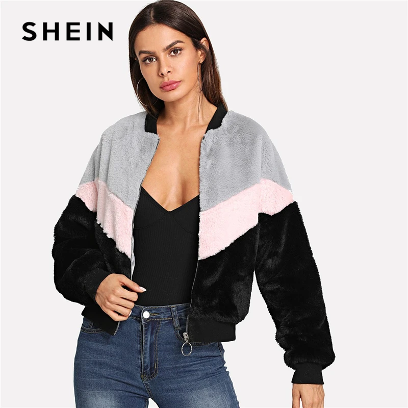 

SHEIN Multicolor Preppy Chevron Fuzzy Zipper Up Colorblock Stand Collar Campus Jacket 2018 Autumn Casual Women Coat And Outwear