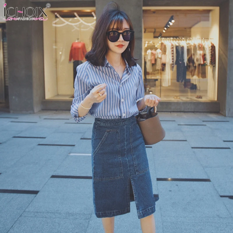 Elegant 2 Pieces Sets Women Summer Sets Striped Shirt And Denim Skirt Sets Korean Style Two Piece Outfits Female Clothing 2019
Elegant 2 Pieces Sets Women Summer Sets Striped Shirt And Denim Skirt Sets Korean Style Two Piece Outfits Female Clothing 2019