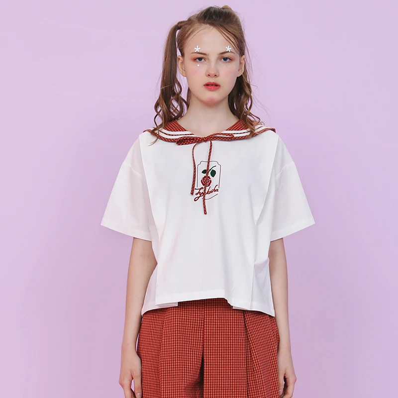 Plaid Sailor Collar Preppy Style Cute Women's White Blouse Lace Up Rose Printed Ladies Shirts Tops Short Sleeve Loose Summer New
Plaid Sailor Collar Preppy Style Cute Women's White Blouse Lace Up Rose Printed Ladies Shirts Tops Short Sleeve Loose Summer New