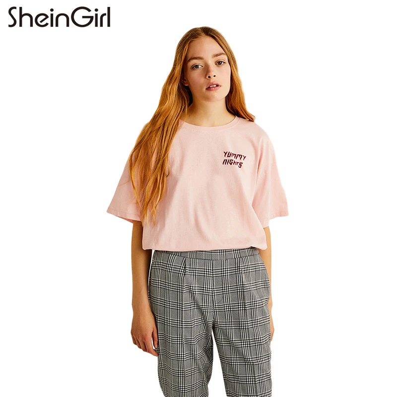Shelngirl Женские однотонные розовая футболка Повседневное Короткие аппликации