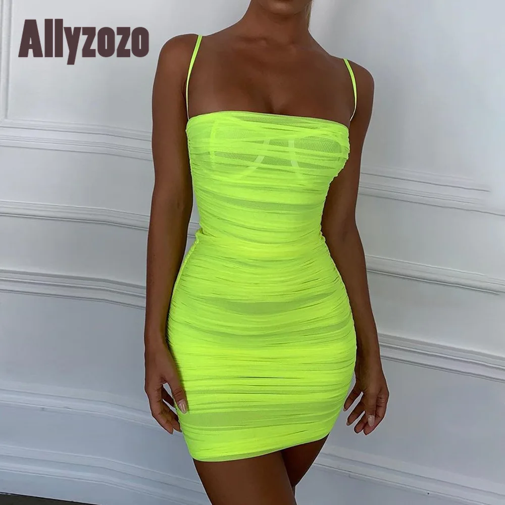 

Allyzozo Women Sexy Clubwear Night Party See Through Mesh Neon Green Dress Summer Spaghetti Strap Draped Mini Bodycon Dresses